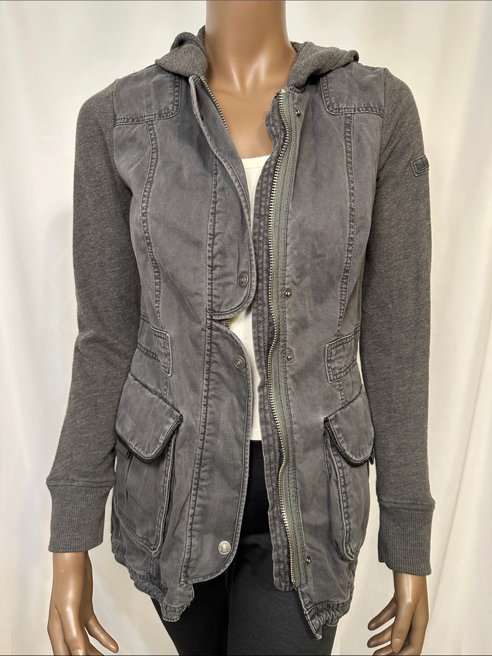 Abercrombie & Fitch Gray Hooded Utility Jacket with Knit Sleeves